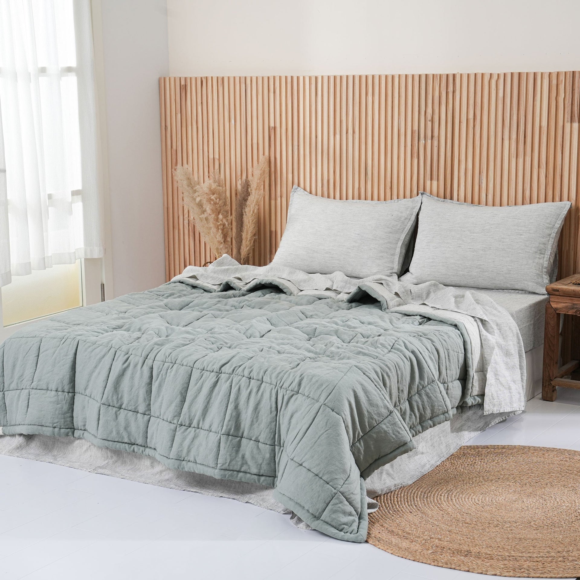 Quilted Linen Blanket - Sage + Pinstripe