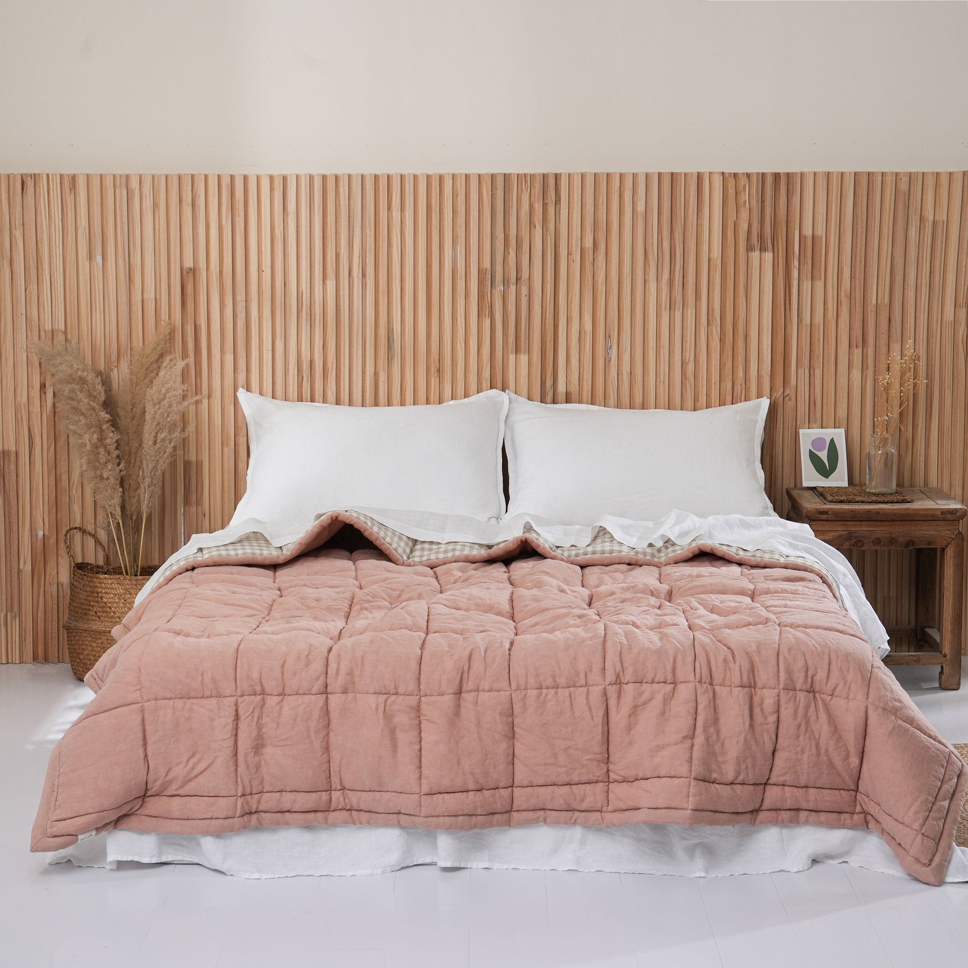 Quilted Linen Blanket - Pink Clay + Beige Gingham