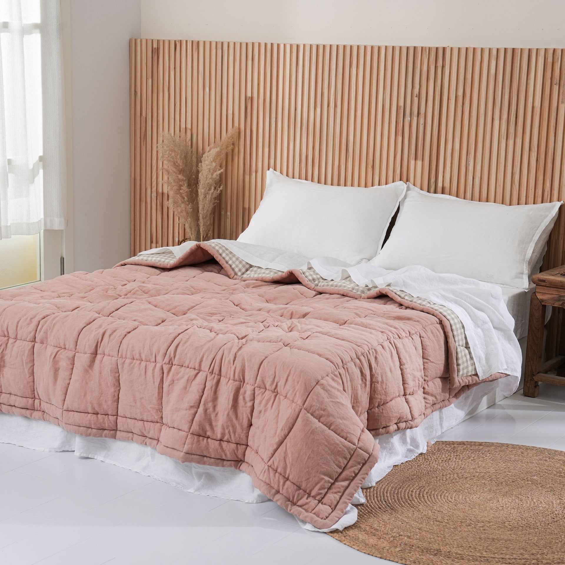 Quilted Linen Blanket - Pink Clay + Beige Gingham
