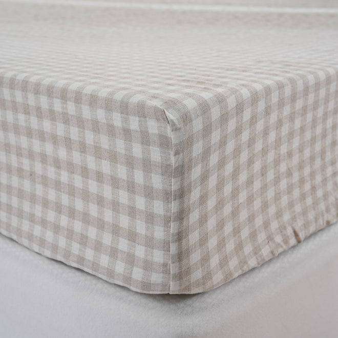 BEIGE GINGHAM - Fitted Sheet - 100% French Flax Linen