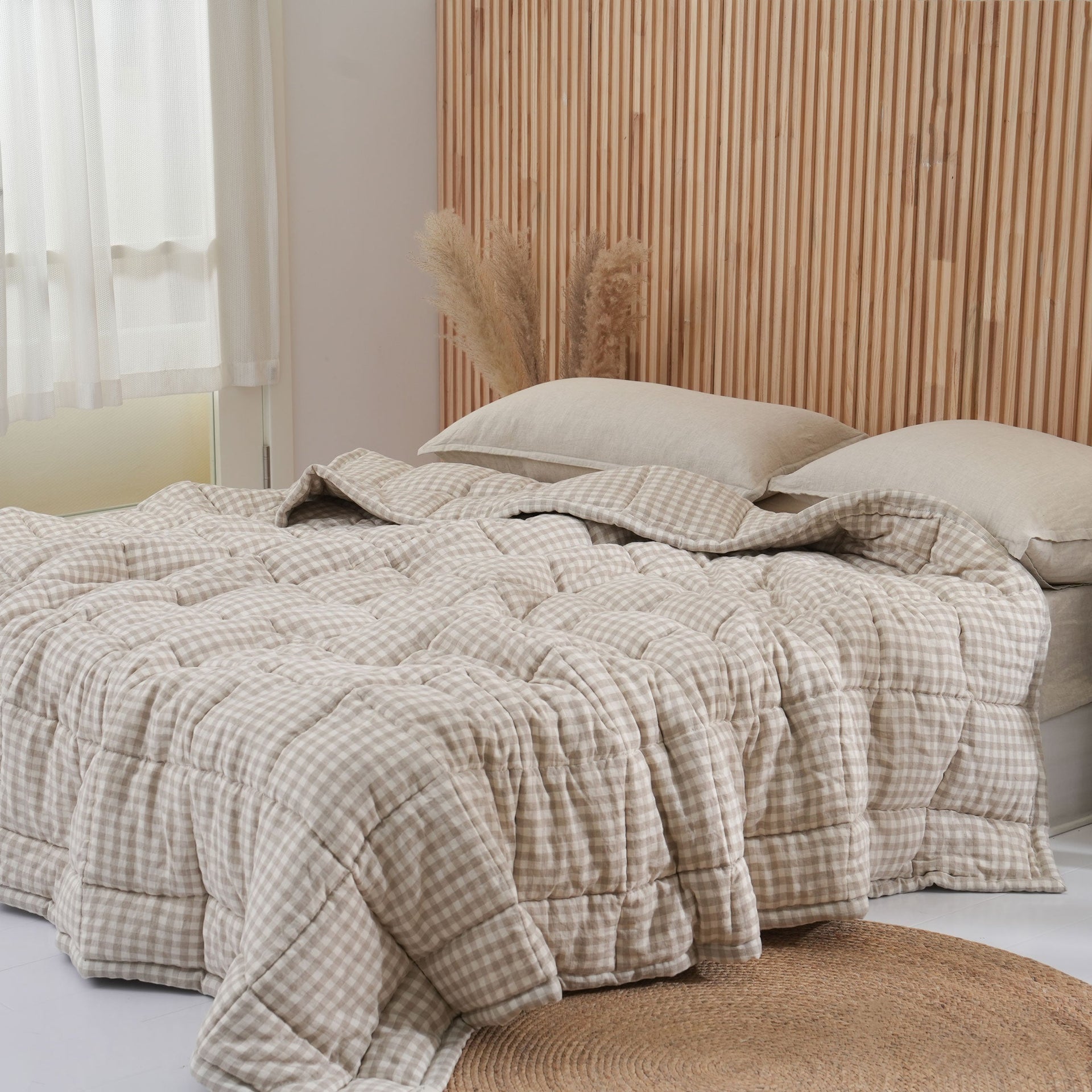 Quilted Linen Blanket - Beige Gingham