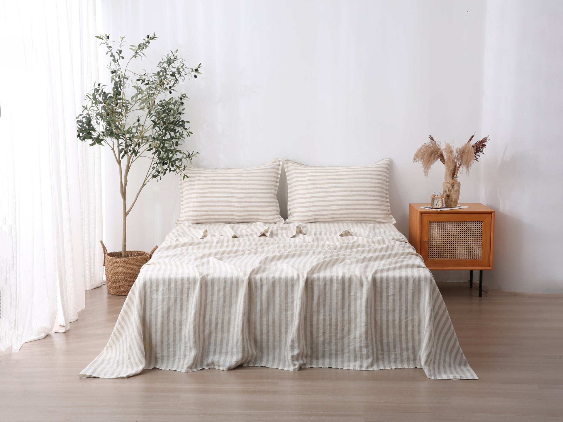 Linen Flat Sheet - Sand Stripe