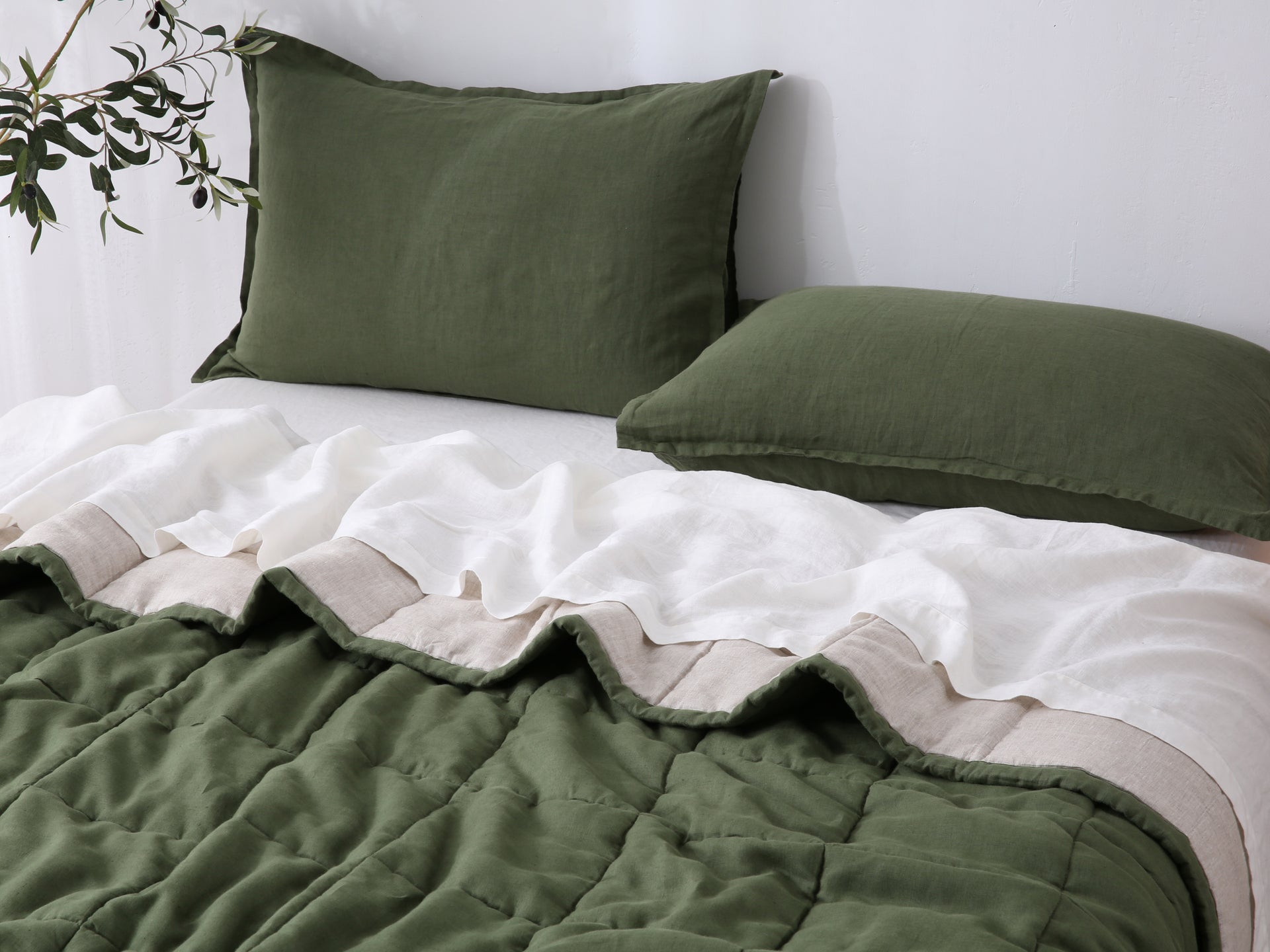 Quilted Linen Blanket - Forest + Sand