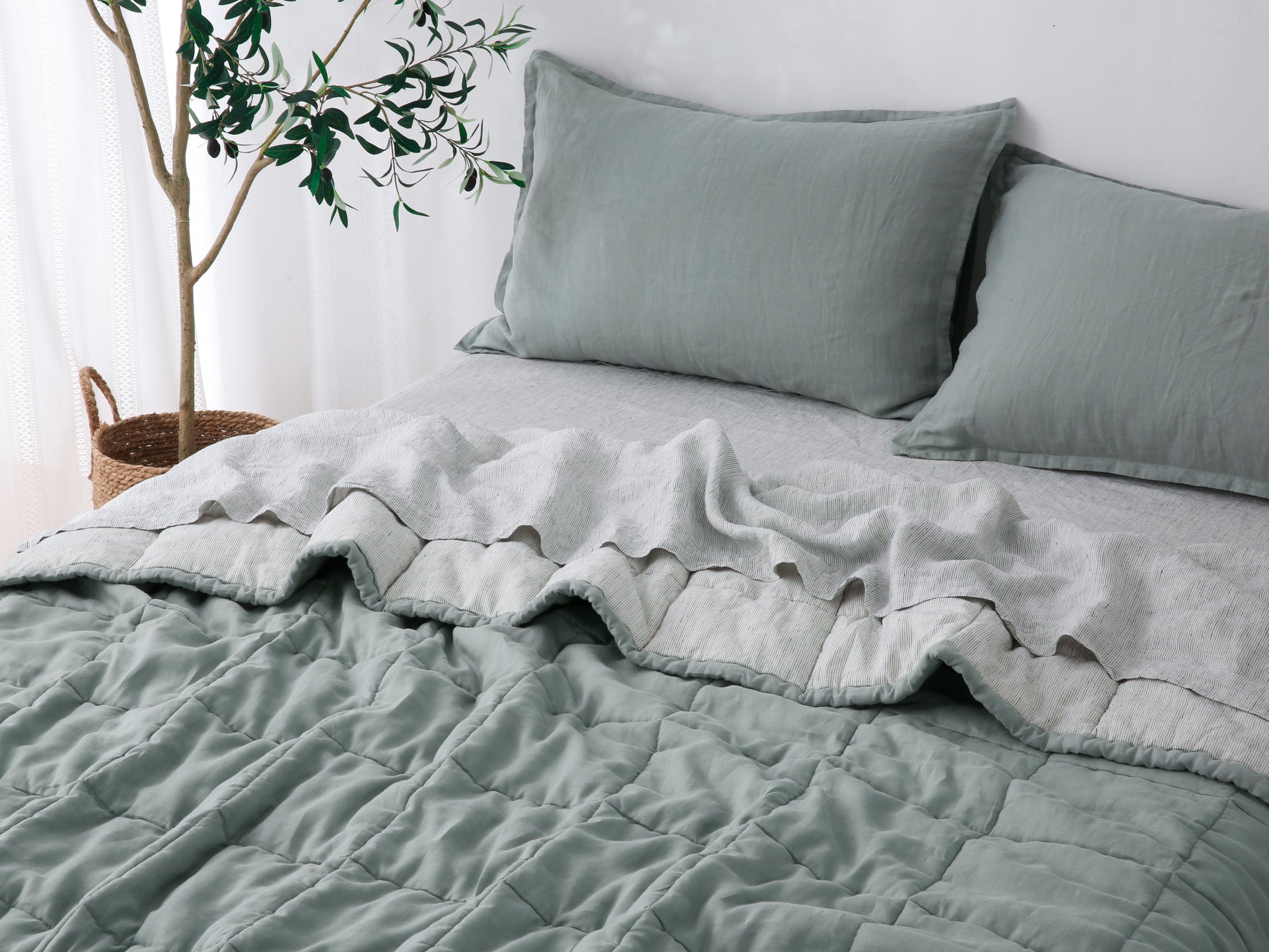 Quilted Linen Blanket - Sage + Pinstripe