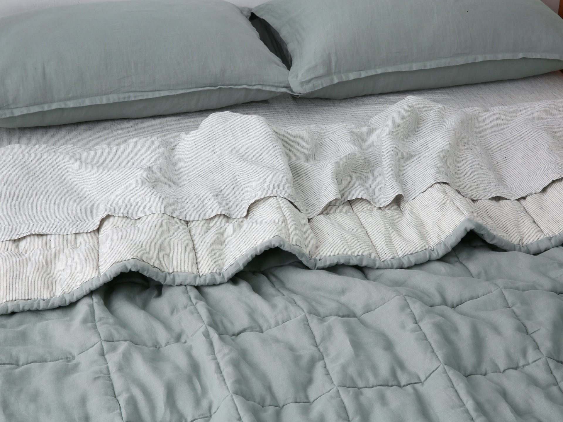 Quilted Linen Blanket - Sage + Pinstripe