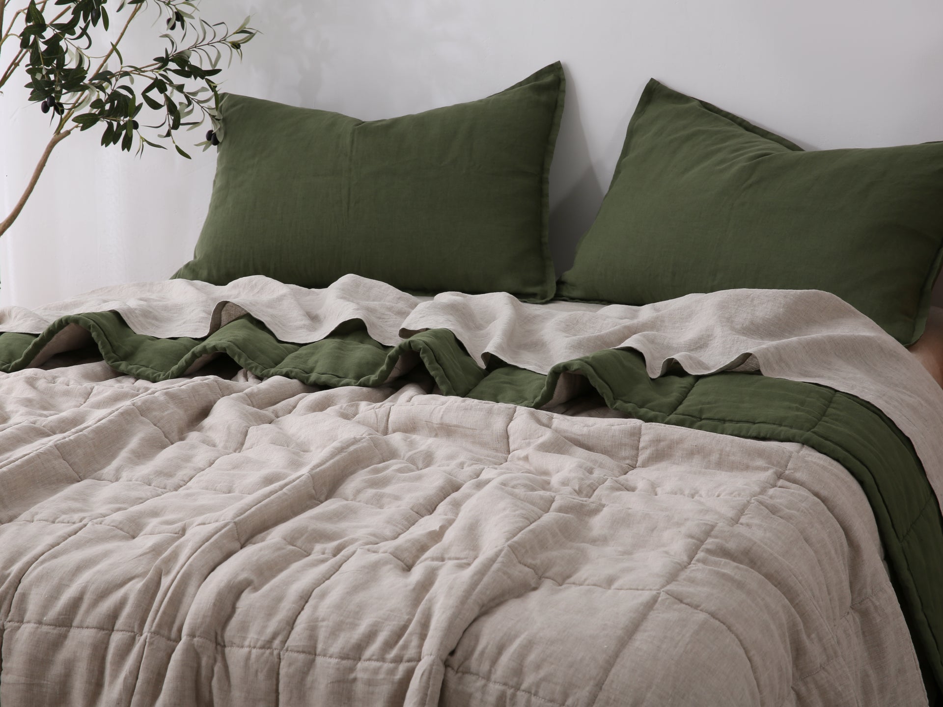 Quilted Linen Blanket - Forest + Sand