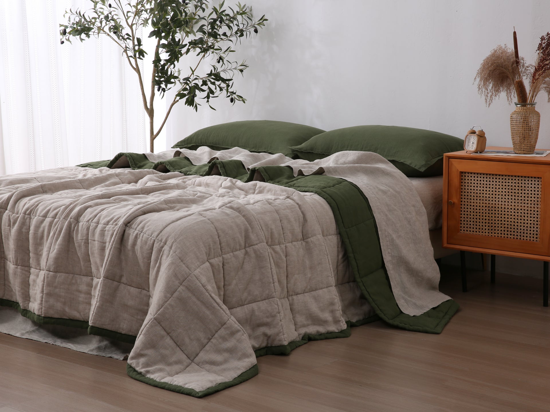 Quilted Linen Blanket - Forest + Sand