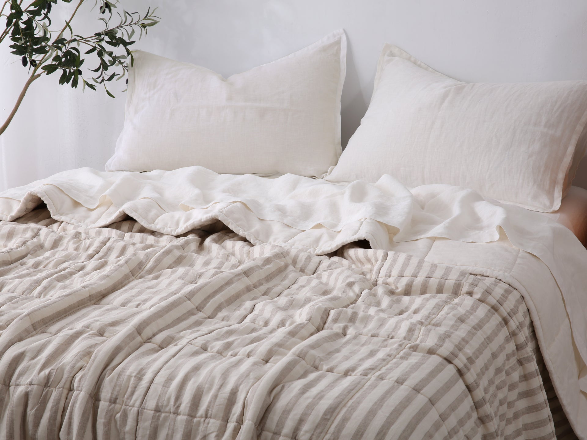Quilted Linen Blanket - Cloud + Sand Stripe