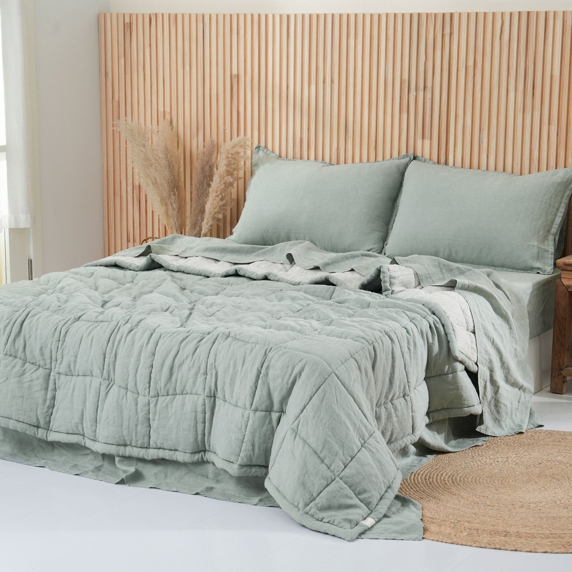 Quilted Linen Blanket - Sage + Pinstripe