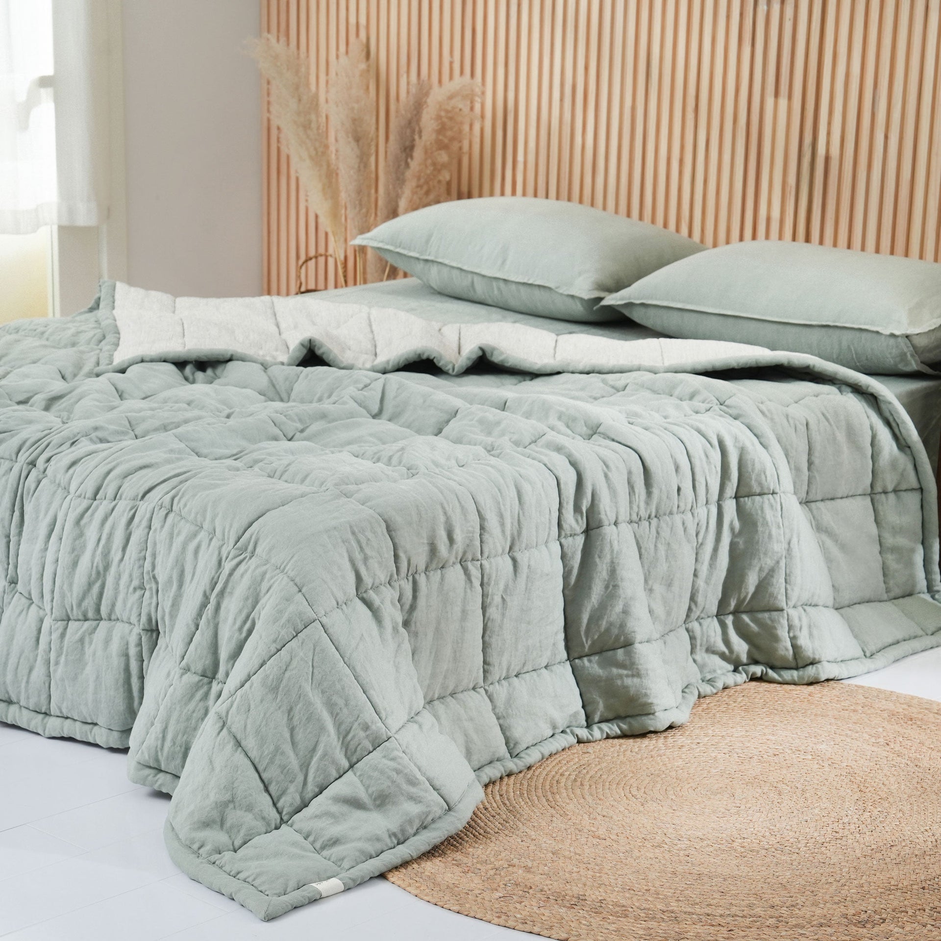 Quilted Linen Blanket - Sage + Pinstripe