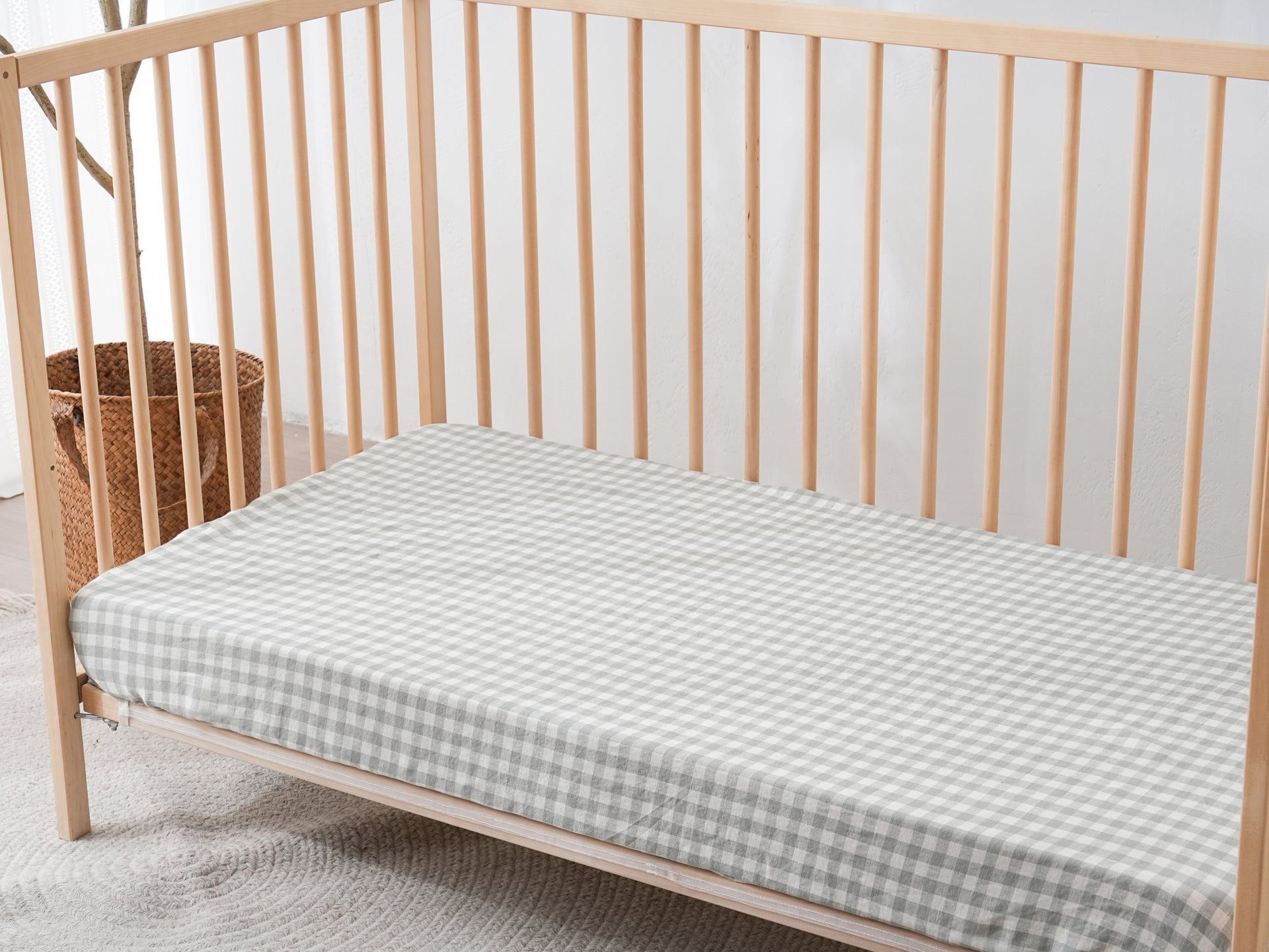 Fitted Linen Crib Sheet - BEIGE GINGHAM