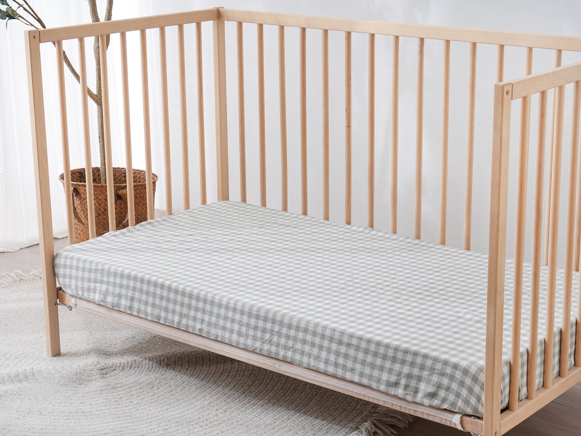 Fitted Linen Crib Sheet - BEIGE GINGHAM