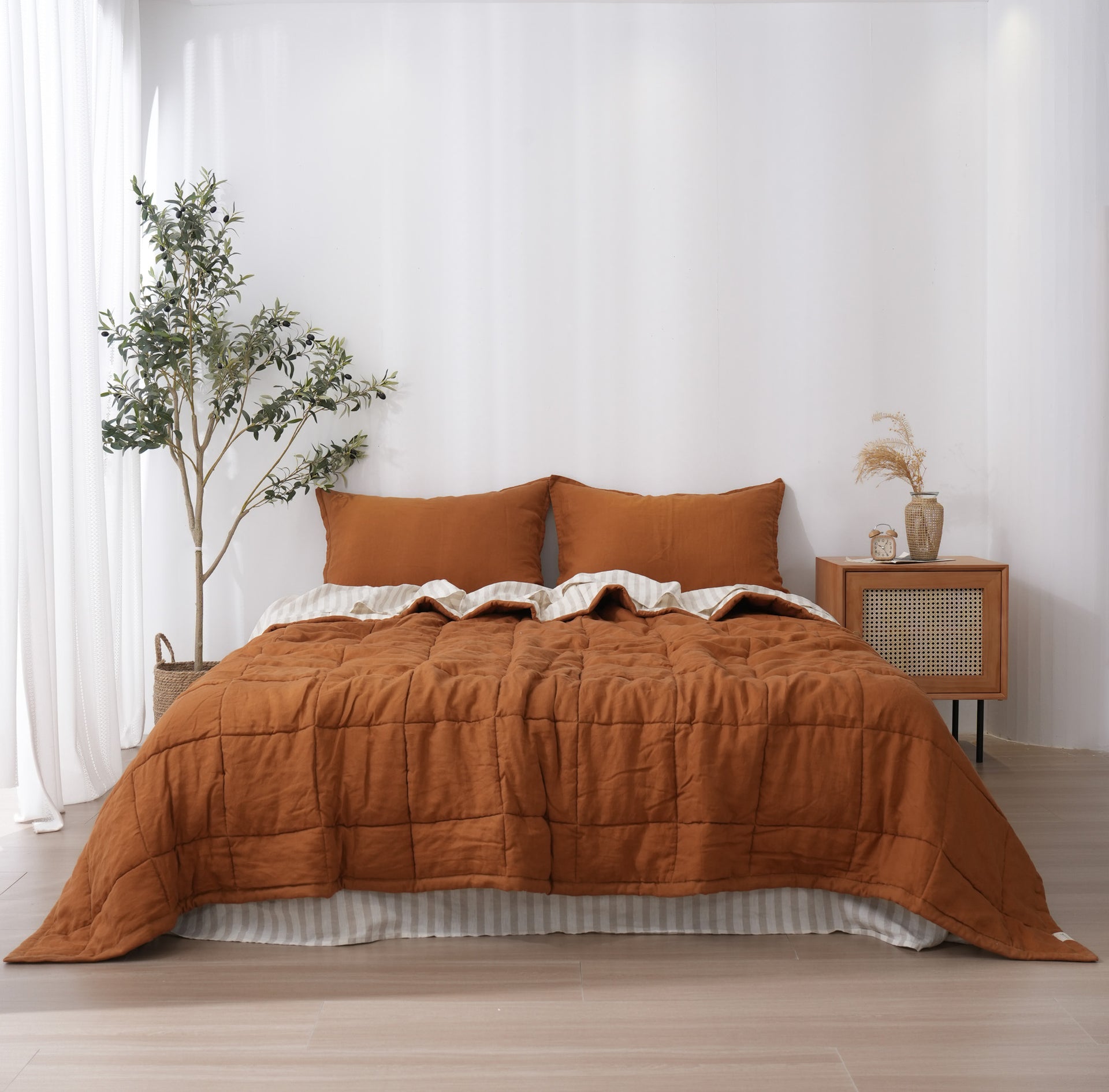 Quilted Linen Blanket - Clay + Sand Stripe