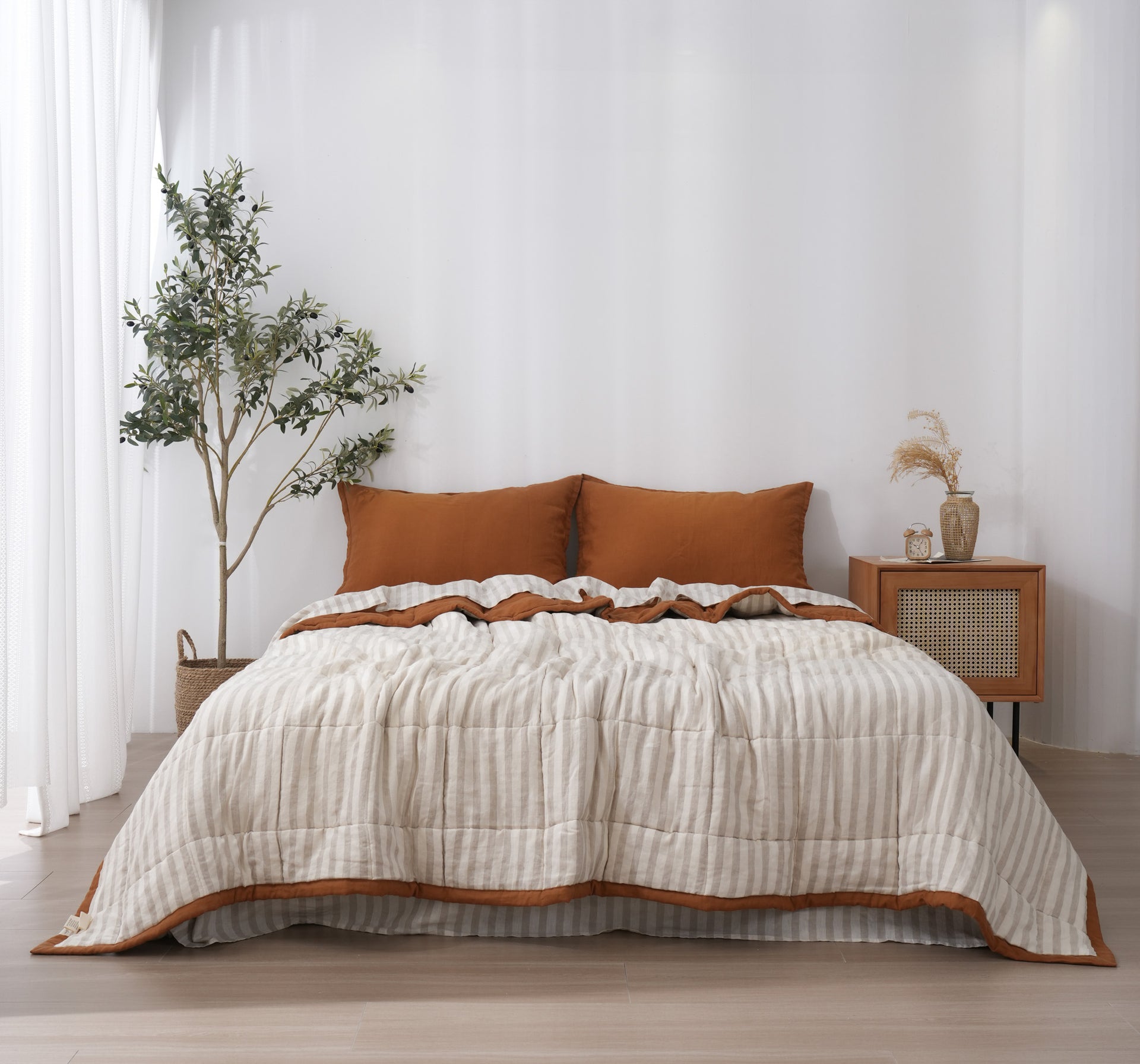 Quilted Linen Blanket - Clay + Sand Stripe