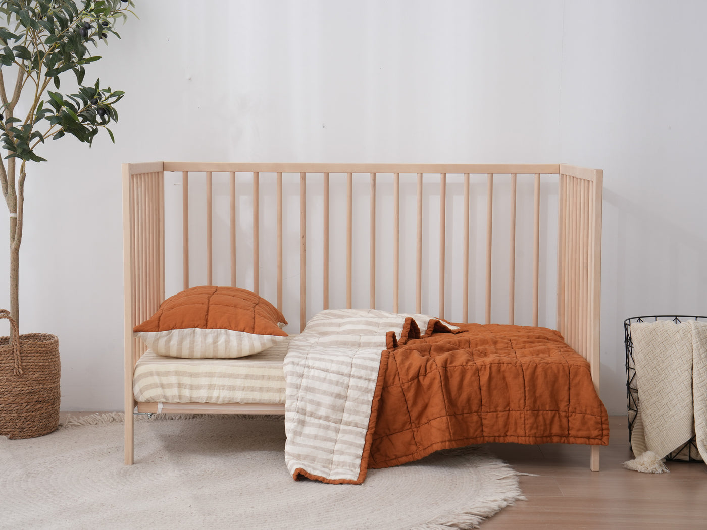 Quilted Linen Cot Blanket – Clay + Sand Stripe