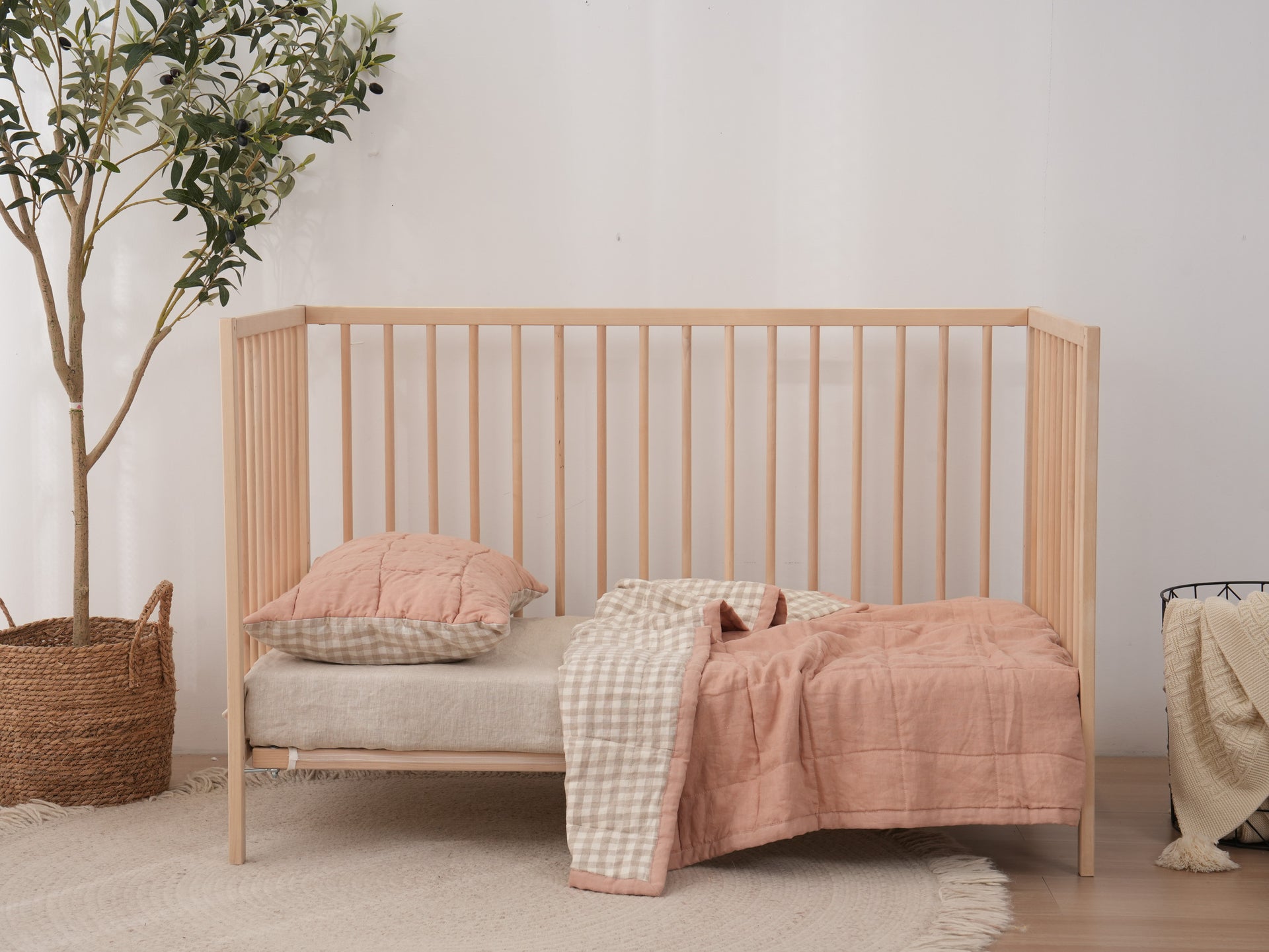 PINK CLAY + GINGHAM - Quilted Crib Blanket & Play Mat - 100% French Flax Linen
