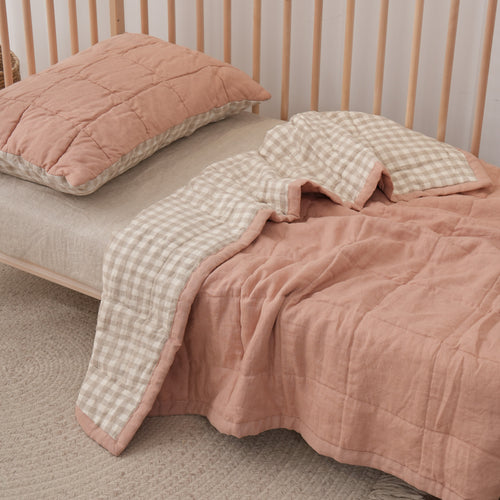 PINK CLAY + GINGHAM - Quilted Crib Blanket & Play Mat - 100% French Flax Linen