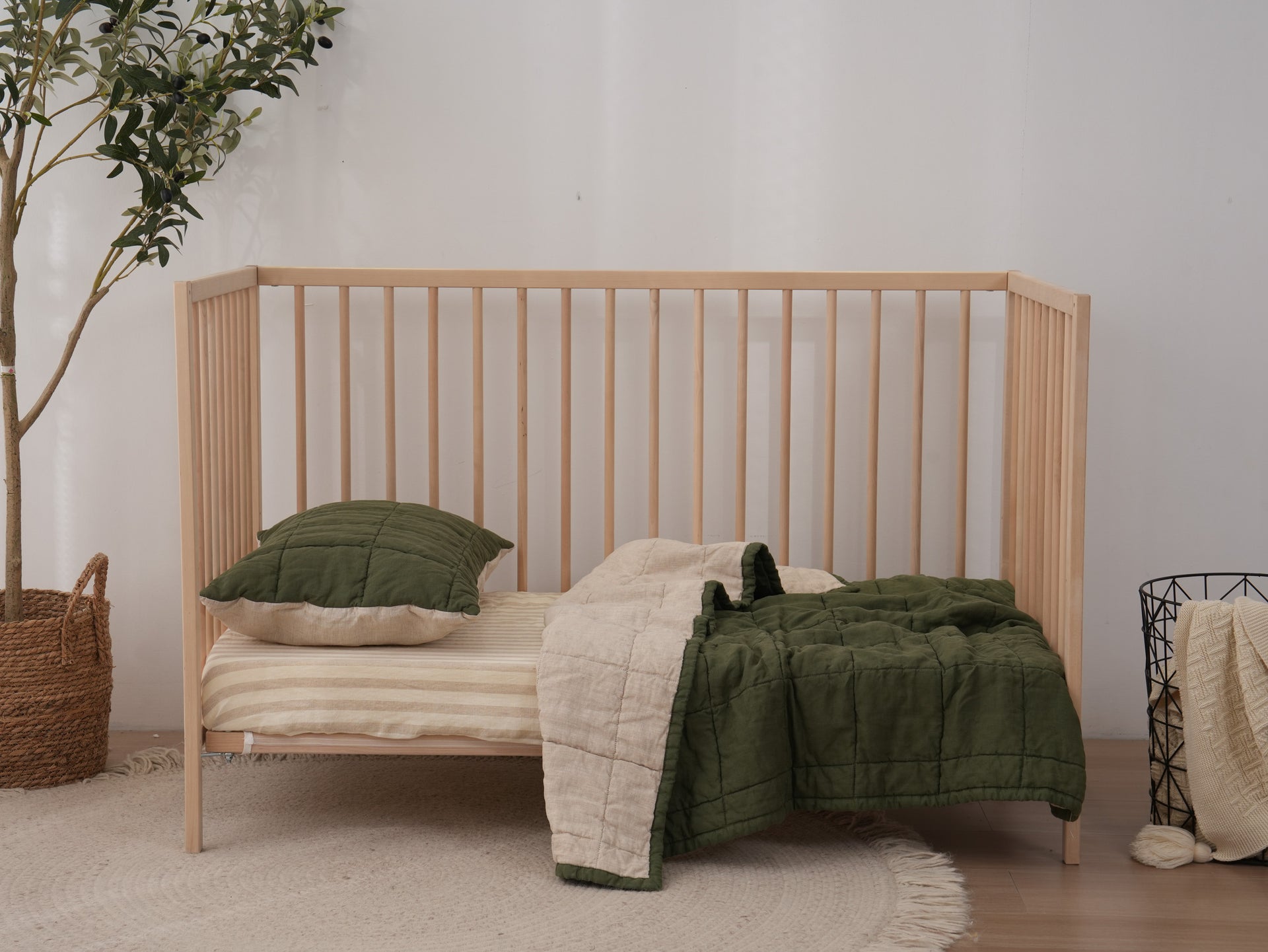 Quilted Linen Cot Blanket - Forest + Sand
