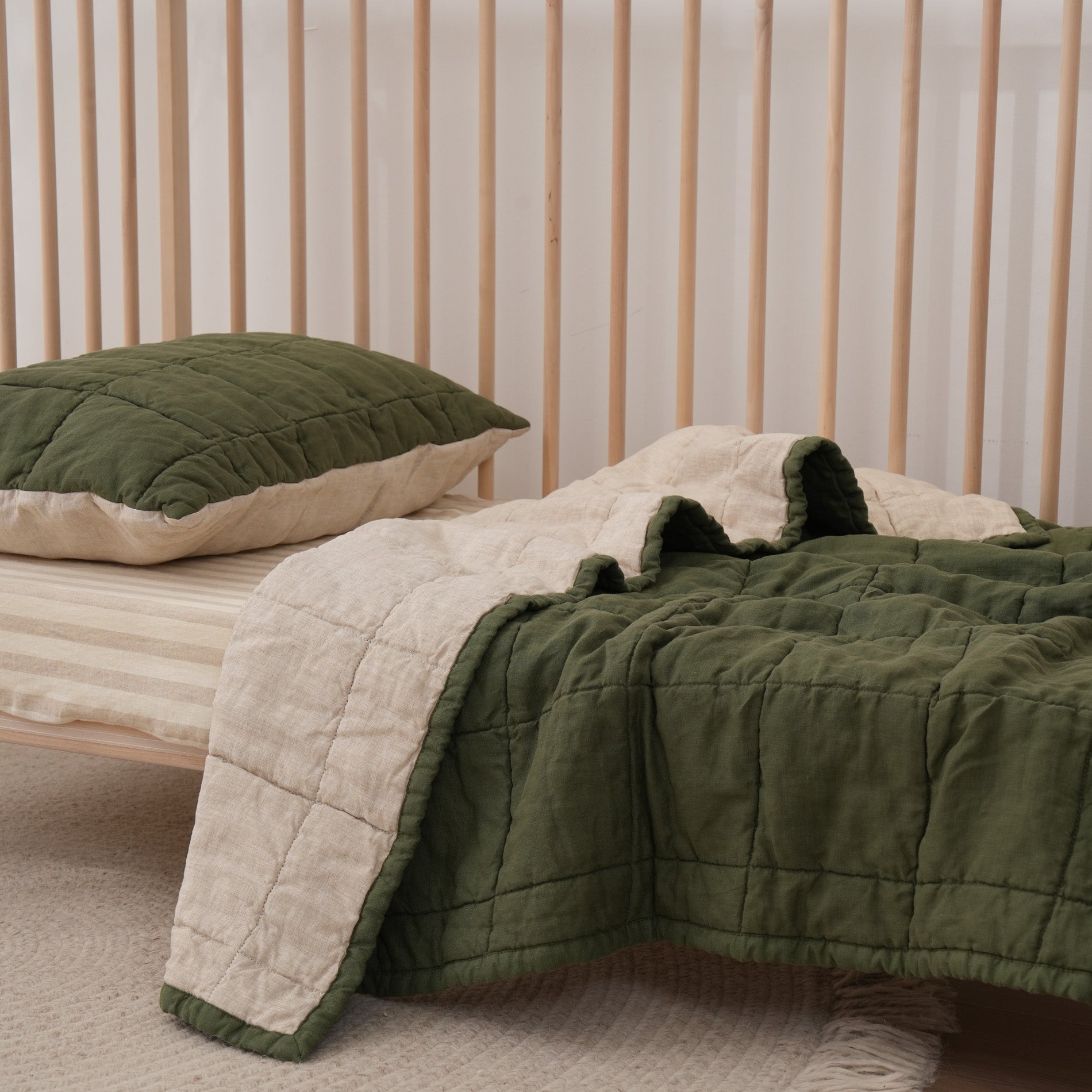 Quilted Linen Cot Blanket - Forest + Sand