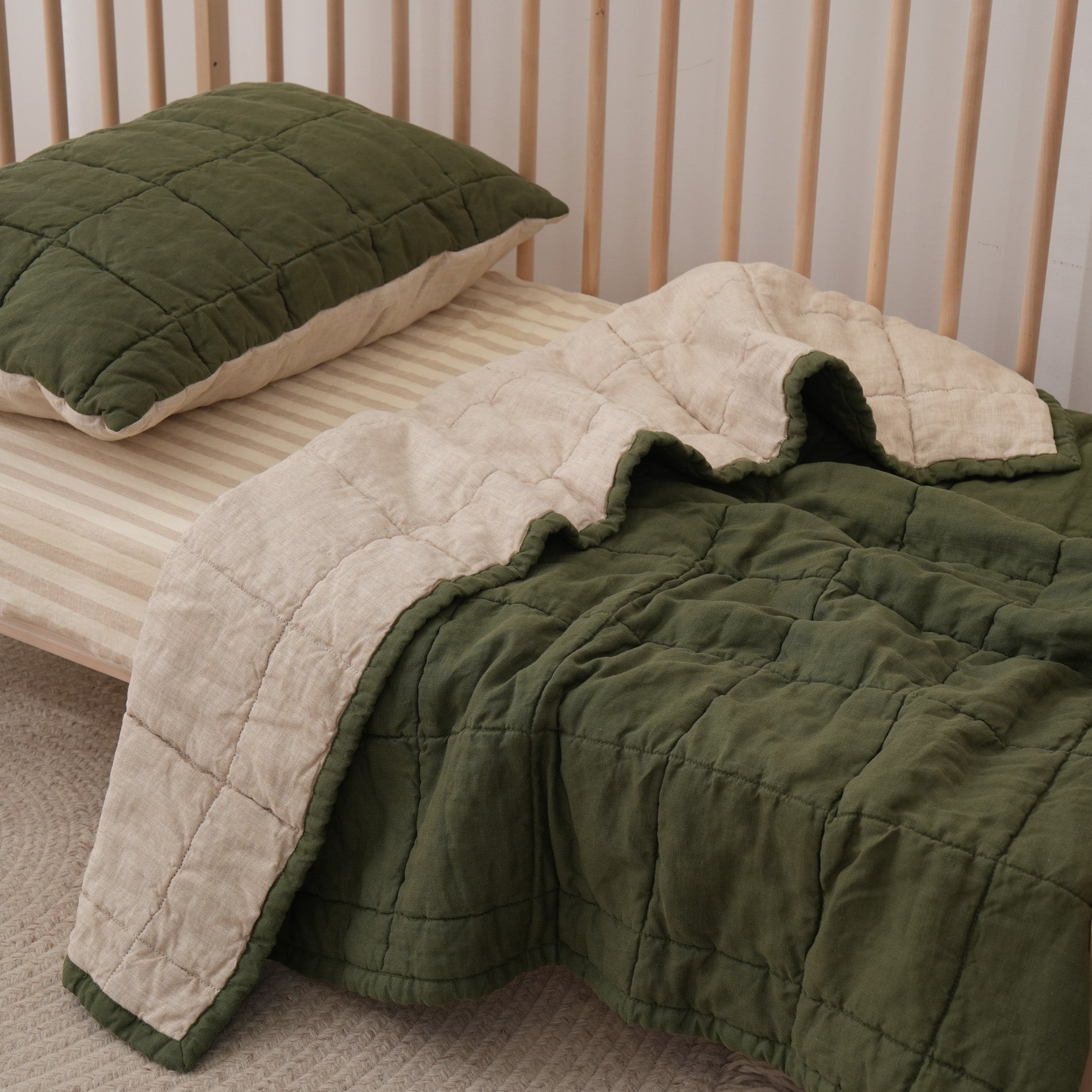 Quilted Linen Cot Blanket - Forest + Sand