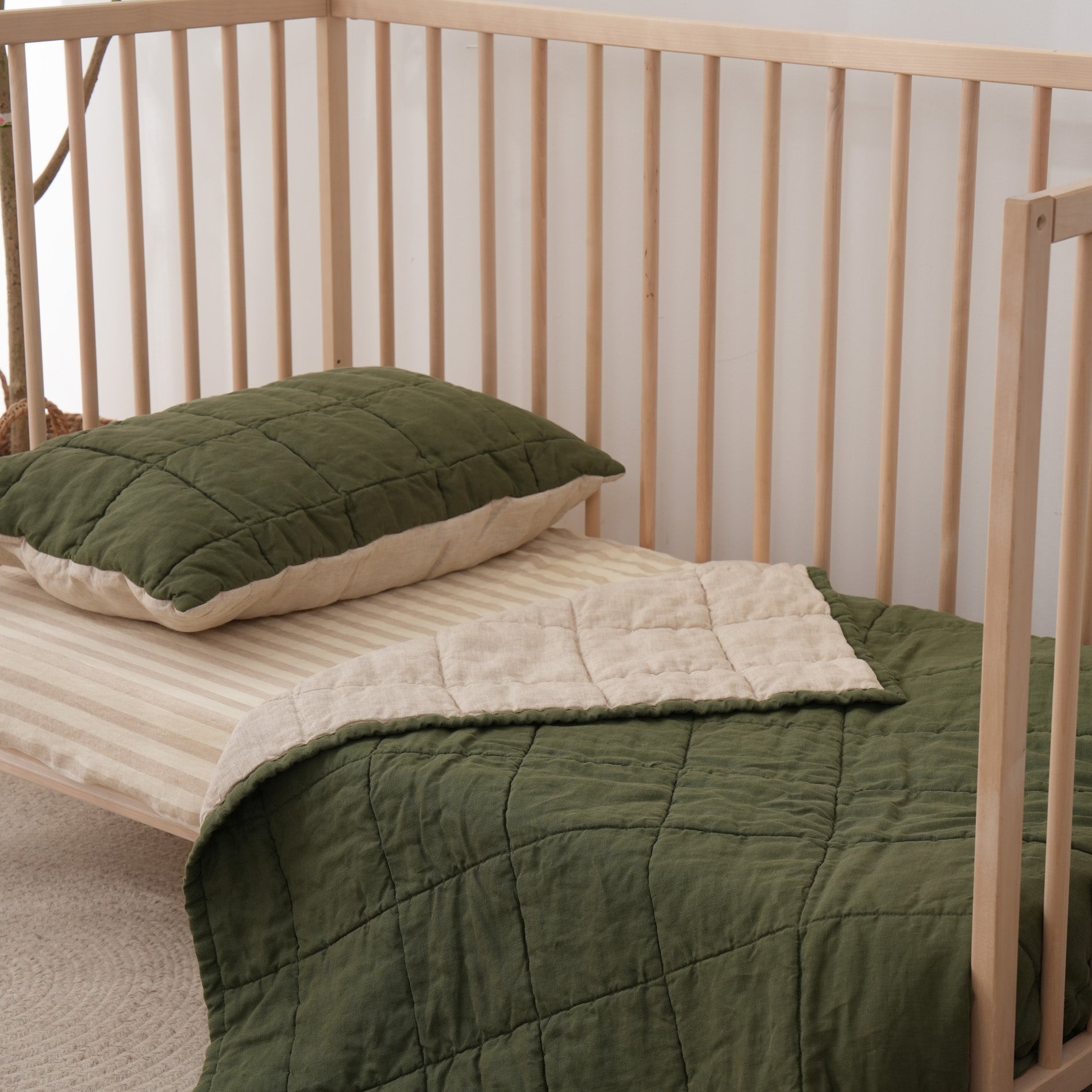 Quilted Linen Cot Blanket - Forest + Sand