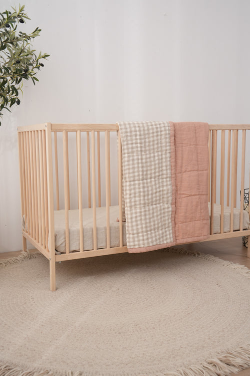 PINK CLAY + GINGHAM - Quilted Crib Blanket & Play Mat - 100% French Flax Linen
