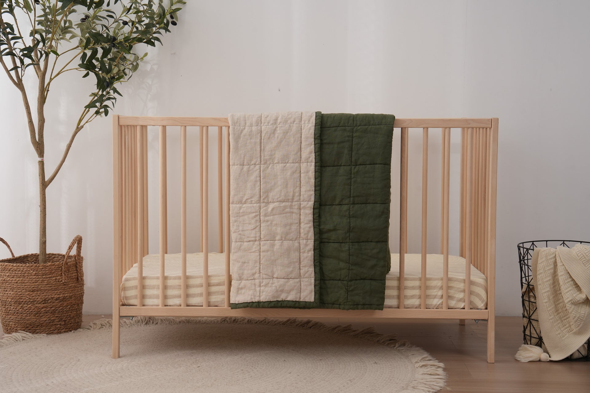 Quilted Linen Cot Blanket - Forest + Sand