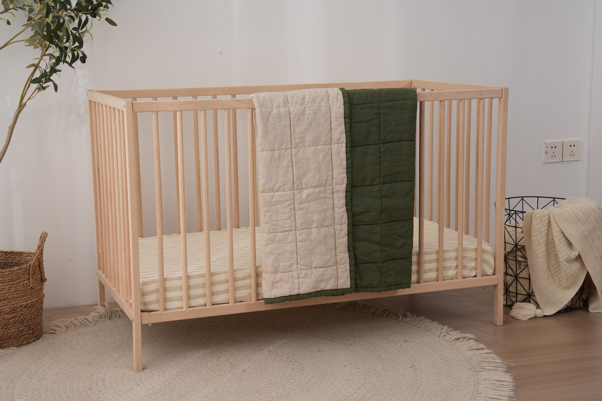 Quilted Linen Cot Blanket - Forest + Sand