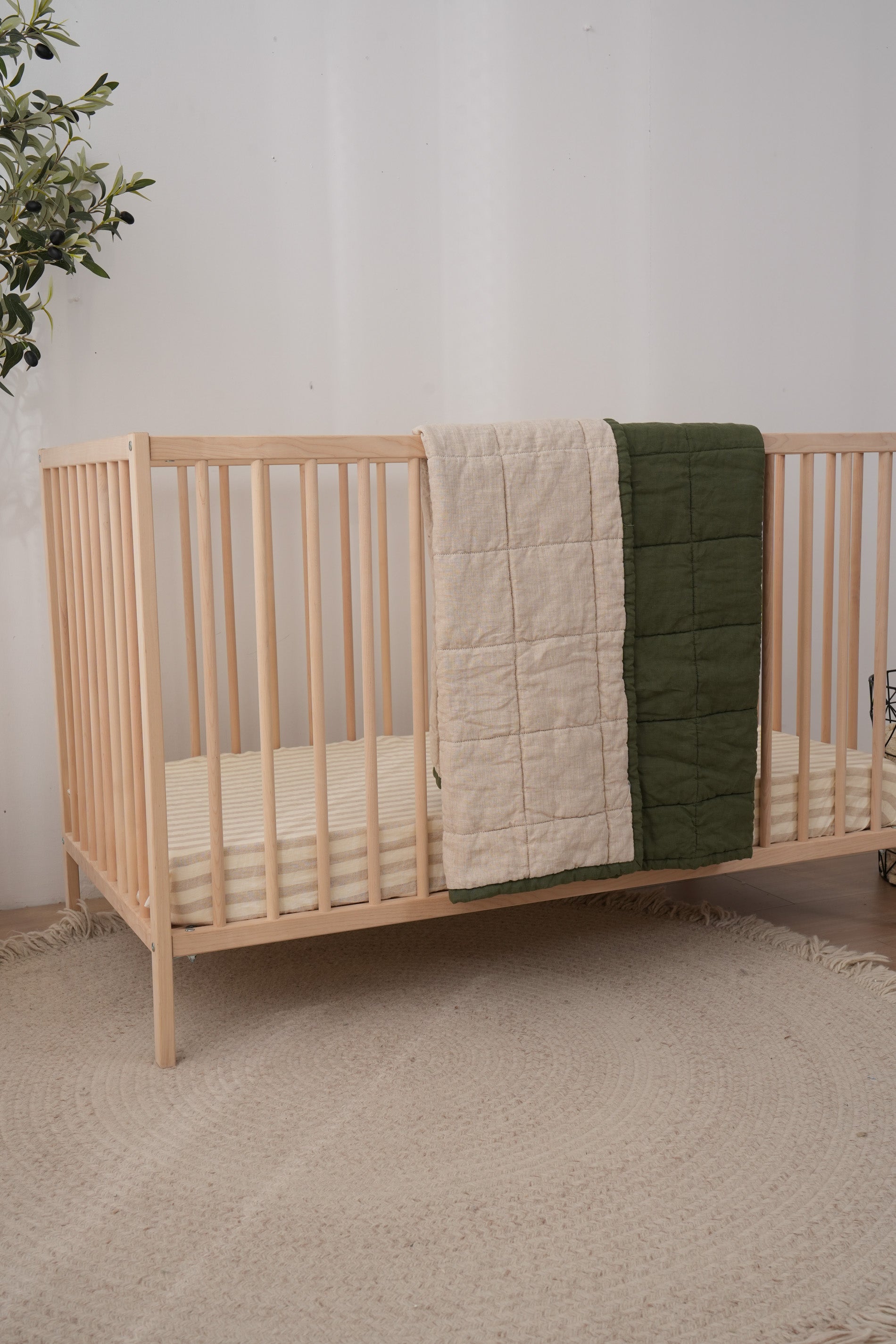 Quilted Linen Cot Blanket - Forest + Sand
