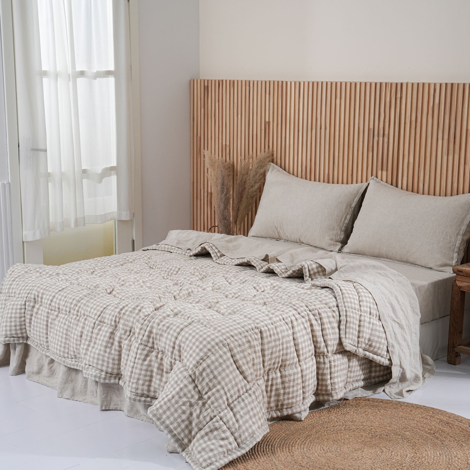 Quilted Linen Blanket - Beige Gingham