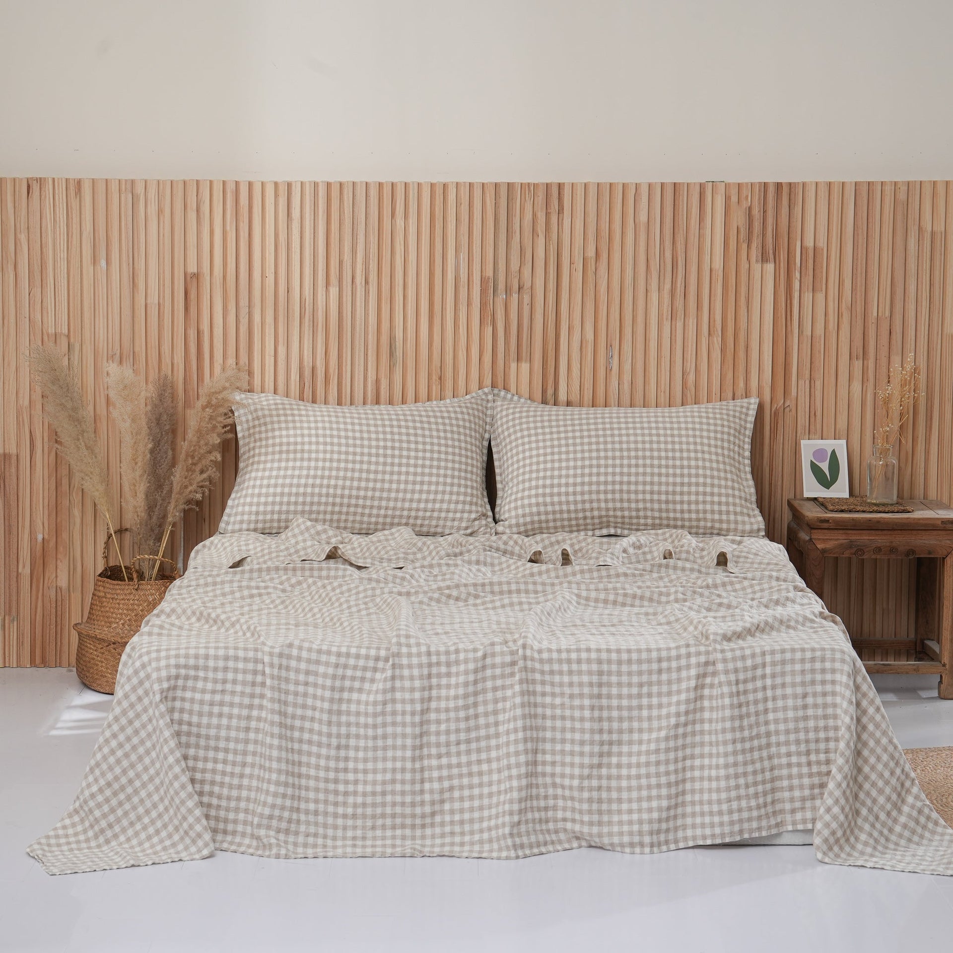 Linen Flat Sheet - Beige Gingham